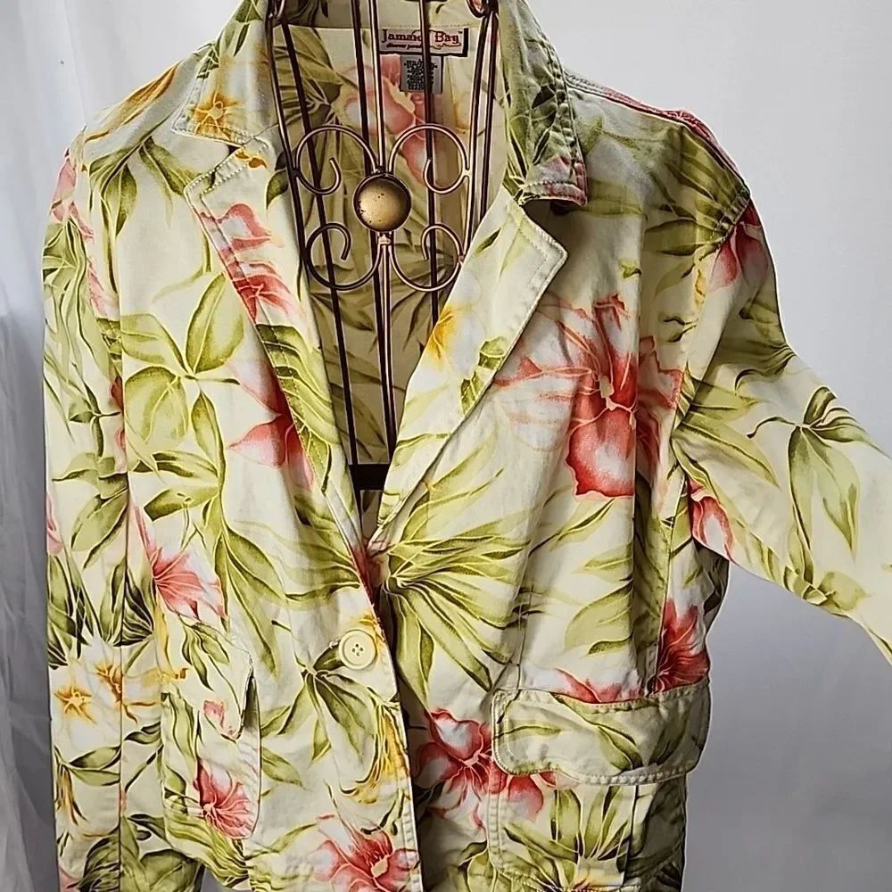 Tropical Floral & Palm Jacket/Blazer Size L Vintage Jamaica Bay